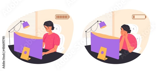 Burnout concept illustration. Happy and exhausted female office worker with laptop and a full and dead battery. Frustrated female worker with headache, mental health problems. Flat vector illustration