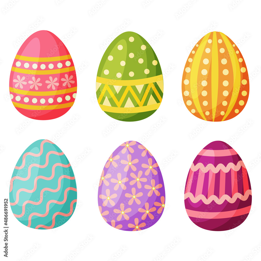 Vector set of six Easter eggs. Easter eggs for Easter holidays, design elements.