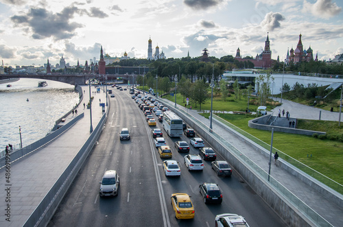 Moscow in summer. View of the Moskvoretskaya embankment and the Kremlin.