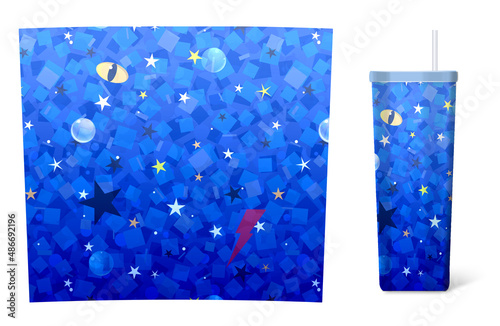 Fotografie Tumblers wrap design with lightning bolts, crystal balls and yellow eyes with a vertical pupil and squares on a blue background
