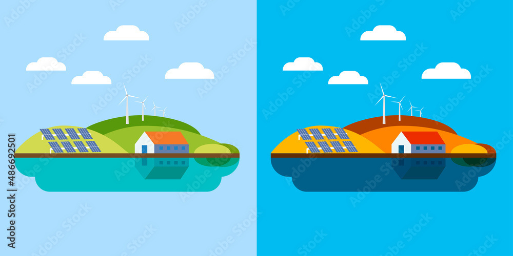 Alternative energy solar panel and windmill illustration
