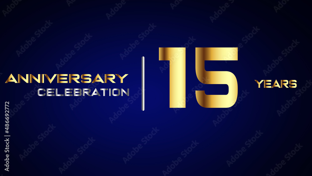 15 year gold anniversary celebration logo, isolated on blue background