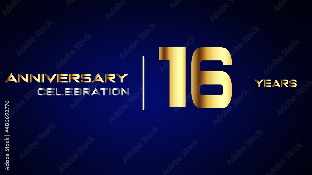 Obraz premium 16 year gold anniversary celebration logo, isolated on blue background