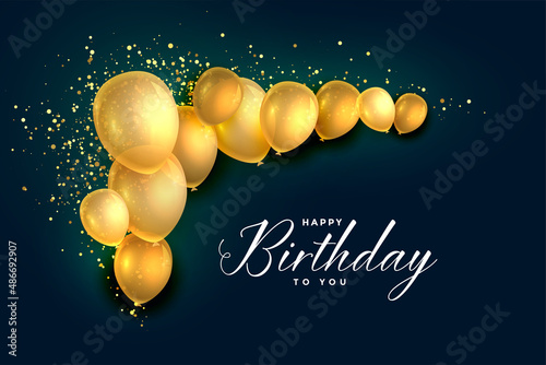 happy birthday golden balloons with glitter background