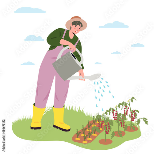 A young woman is watering a plant with a watering can. Girl working in the garden or on the farm. Farmer,gardener.Vector illustration