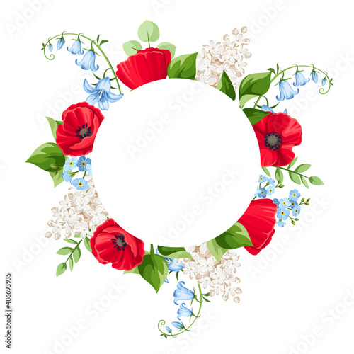 Vector circle card with red, blue, and white poppy, bluebell, lilac, and forget-me-not flowers. Greeting or invitation card design