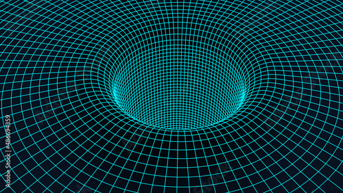 An abstract tunnel with a blue mesh structure. 3D grid of tunnels and corridors. Vector wormhole.