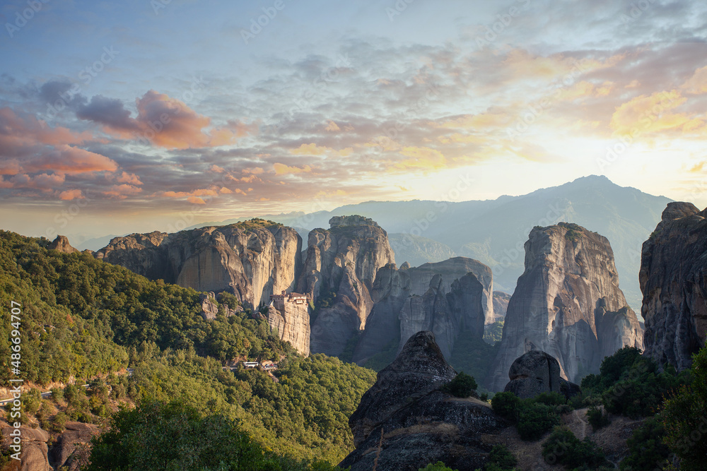Fototapeta premium Sunset sky clouds and mountain in Meteora, Kalabaka, Greece