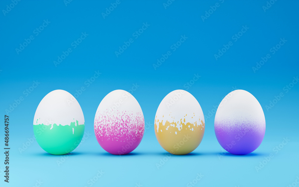 Row of funny easter eggs decorated with different colors and designs. 3D render illustration. Row of Happy Easter eggs in trendy colors on blue background, copy space. 3D rendering Row of funny easter eggs decorated with different colors and designs. 3D render illustration. Row of Happy Easter eggs in trendy colors on blue background, copy space. 3D rendering