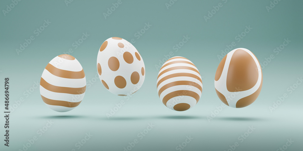 3D golden Eggs levitating on green background. easter eggs colorful decoration background. minimal holiday style design. 3d rendering. Natural creative composition render illustration