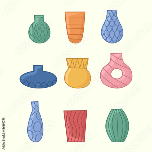 Flower vases. A set of vector ceramic colored vases for flowers in a cartoon style on a light background. (ID: 486694791)