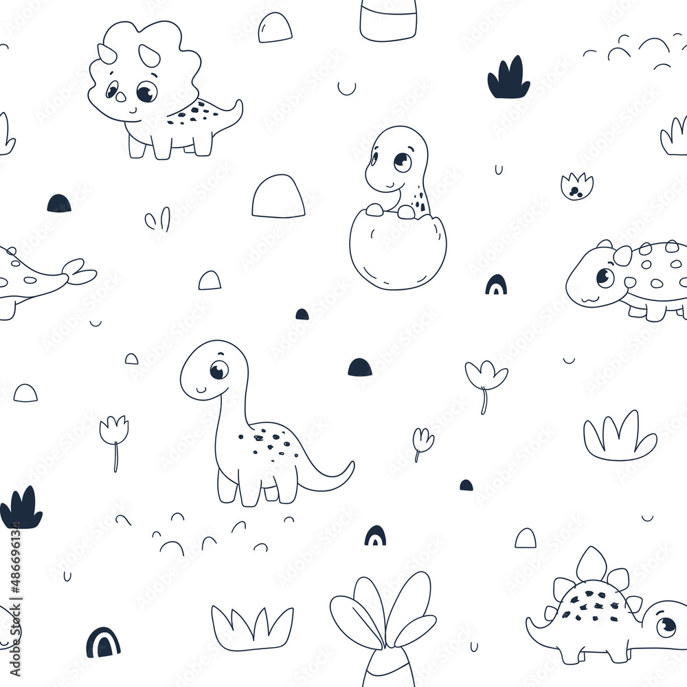 Obraz premium Cute dino. Seamless pattern for fabric, paper, wrapping, clothing, textile, wallpaper