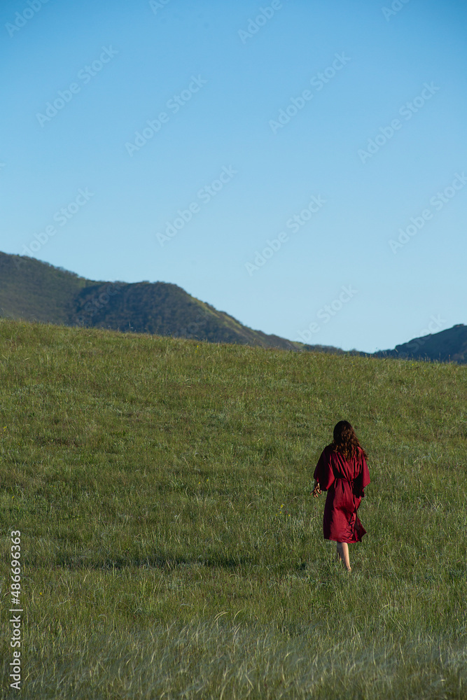 The idea of promoting green tourism. Young woman in a red dress against a background of green hills covered with colorful flowers under a blue sky with a mountain range on the horizon. Holidays.