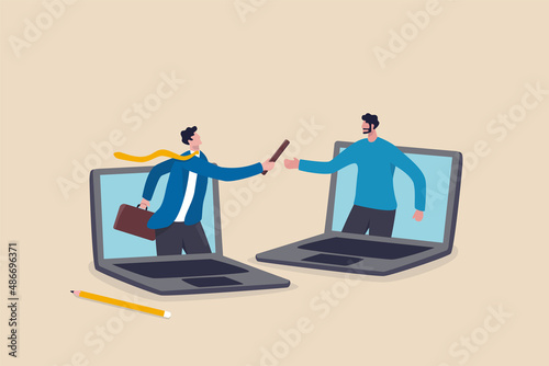 Outsourcing hiring outside worker to perform service, pass or transfer work to other team, remote work or telework concept, businessman boss pass or relay baton to outsource team to work remotely. photo