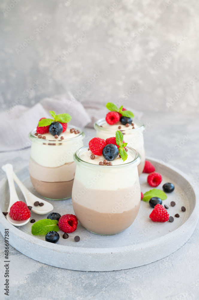 Dessert three chocolate in a glass jar with fresh blueberries, raspberries and blackberries on top on a gray concrete background. Dessert with three layers of different taste. Copy space. Dessert three chocolate in a glass jar with fresh blueberries, raspberries and blackberries on top on a gray concrete background. Dessert with three layers of different taste. Copy space.
