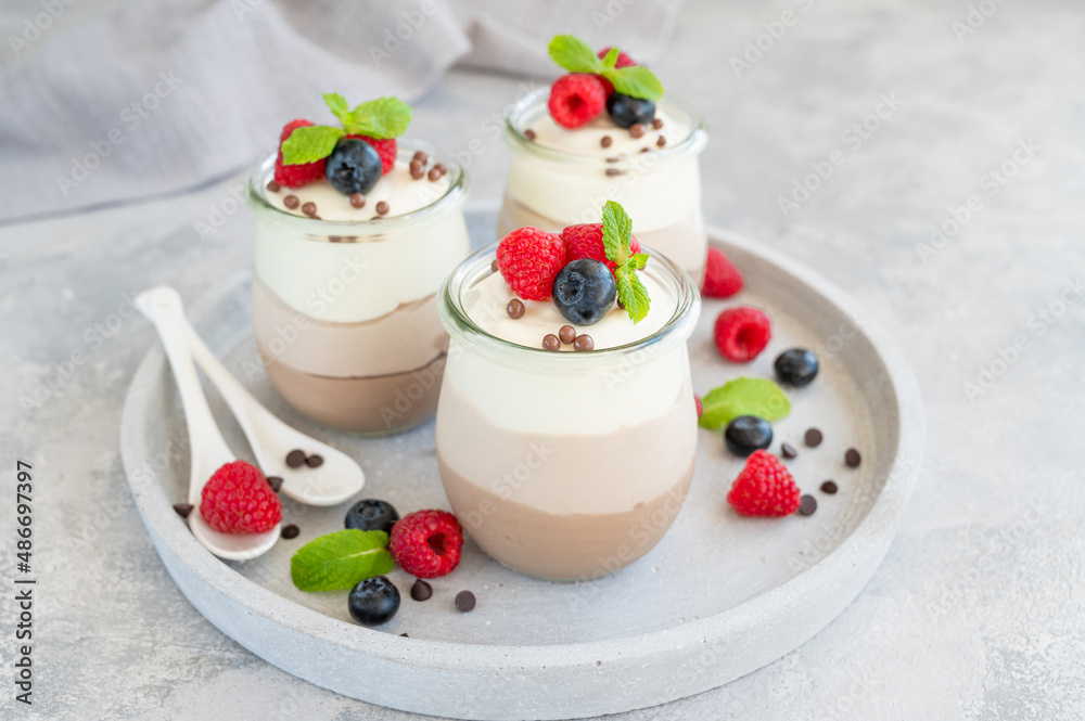 Dessert three chocolate in a glass jar with fresh blueberries, raspberries and blackberries on top on a gray concrete background. Dessert with three layers of different taste. Copy space. Dessert three chocolate in a glass jar with fresh blueberries, raspberries and blackberries on top on a gray concrete background. Dessert with three layers of different taste. Copy space.