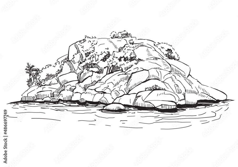 Naklejka premium Illustration sketch Rocky island, landscape sea view, hand drawn outline.
