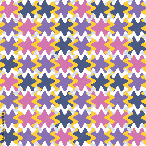 A seamless pattern on a square background is a patchwork mat made of different colored spots. Design element of books, notebooks, postcards, interior items. Wallpapers, textiles, packaging, background