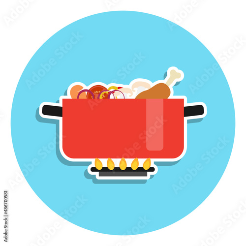 Boiling pot on fire, pot of soup. The pot is making soup. Vector, cartoon illustration.