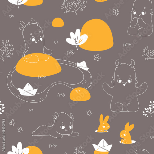 Nursery seamless pattern with cute monsters and paper boats. Childish pattern for fabric  paper  wrapping  clothing  textile  wallpaper  cards  t-shirt prints  pajamas  linens