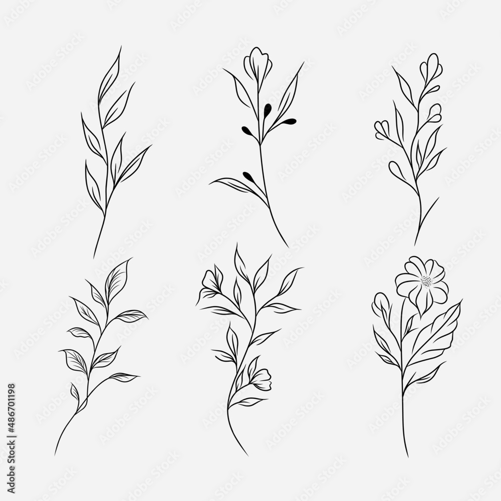Flower branches. For hand-drawn weddings, homeplant with elegant leaves for invitations, date card designs.