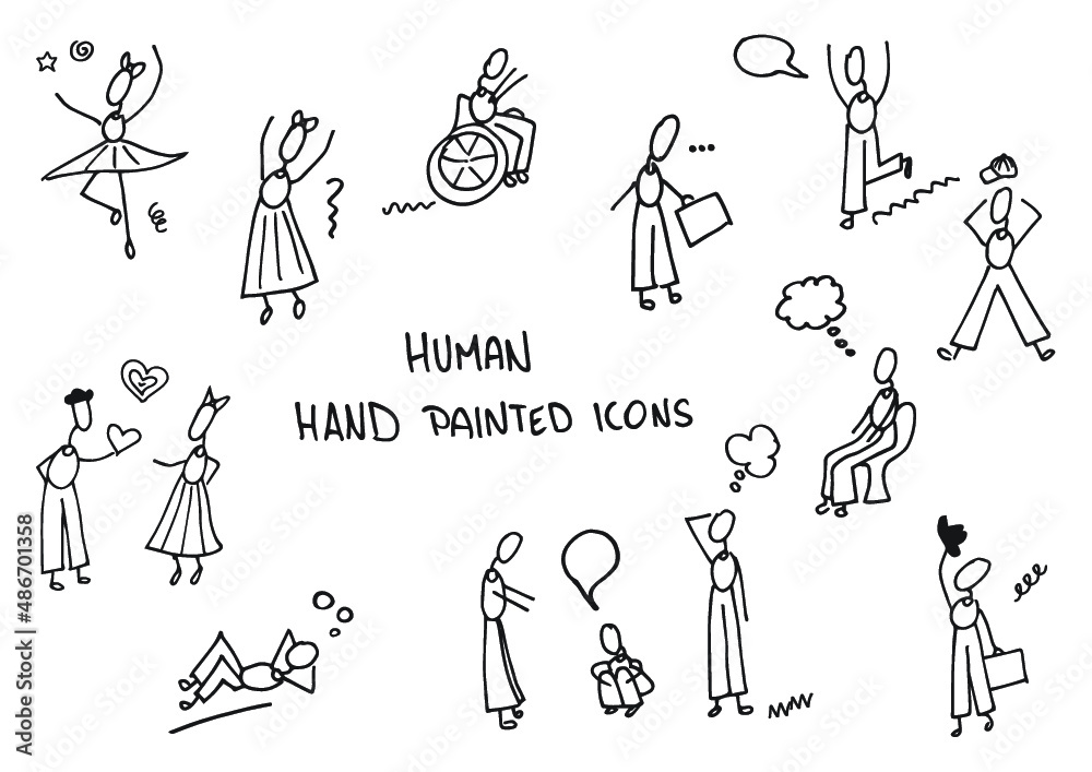 Human hand painted doodles, icons. People, bubbles, situations. - obrazy, fototapety, plakaty 