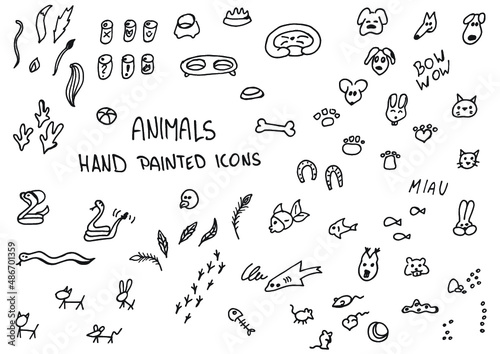Animals hand painted doodles, icons. Dog, cat, fish, mouse, rabbit, pet items, tails, food. 