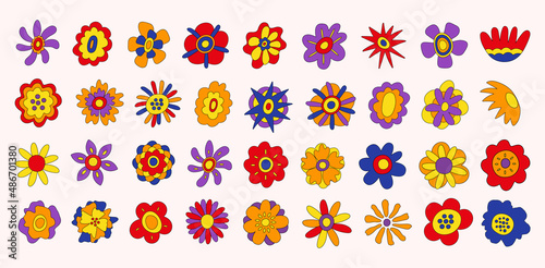Big retro collection of colorful hippie flowers. Vintage festive groovy botanical design. Trendy vector illustration in 70s and 80s style.	