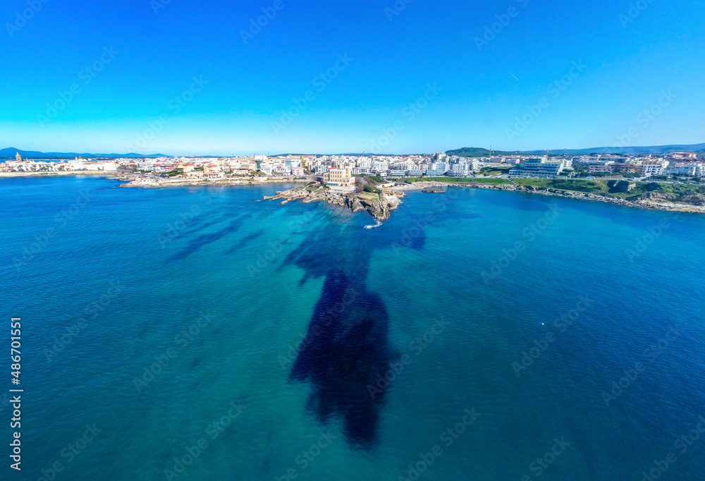 Aerial view of Alghero blue sea on a sunny day