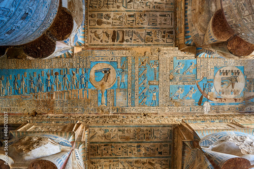Hathoric Colums and colorful turquoise ceiling from the Ancient Egyptian Temple of Dendera photo