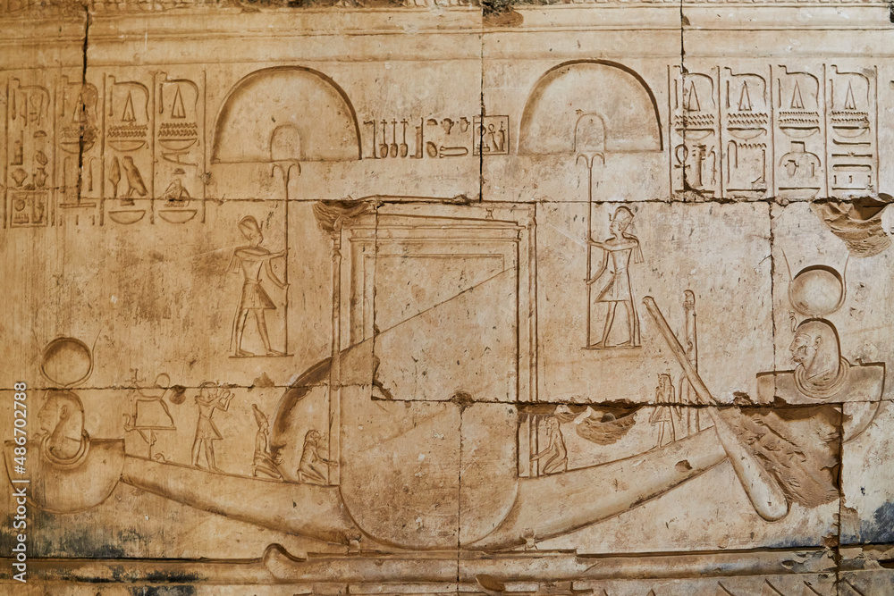 A relief carving from the temple of Seti I in Abydos, depicitng the sacred boat, Egypt
