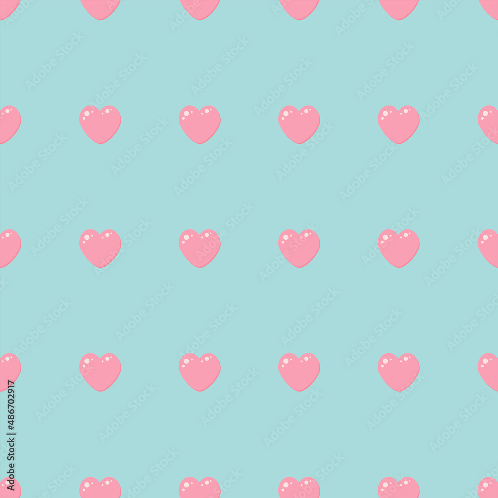 Vector seamless pattern with cute pink hearts in a mint background. Delicate color combination for cute packaging design, textile, fabric, gift, website background