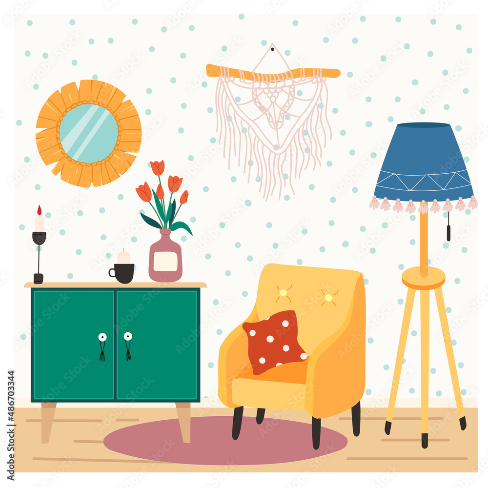 Obraz premium Cozy retro Living Room with Scandinavian Furniture: Armchair, chest of drawers, Floor Lamp, Macrame, round Mirror.Modern Scandinavian Home Interior in Flat style.Vector Illustration.