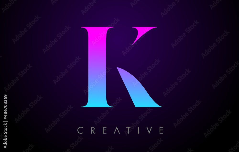 Purple Blue Neon K Letter Logo Design Concept with Minimalist Style and Serif Font Vector