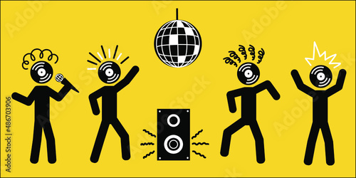 Black silhouettes of dancing people on a yellow background. Disco 80s 90s. Retro music. Disco party.