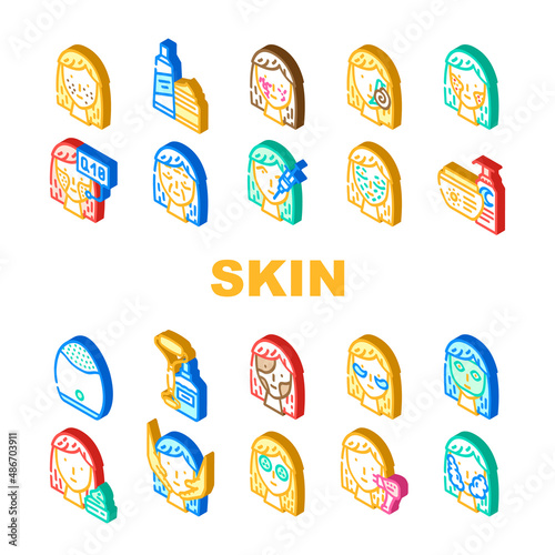Facial Skin Care And Treatment Icons Set Vector. Couperose And Acne Face Skin Problem, Massage Laser Lifting Beauty Spa Salon Procedure Line. Toner Scrub Cosmetology Isometric Sign Color Illustrations