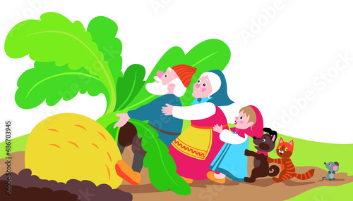 Characters of russian fairy tale Repka. Drawn turnip  grandfather  grandmather  granddaughter  dog  cat  mouse. Colorful picture for children. Vector illustration isolated on white background.