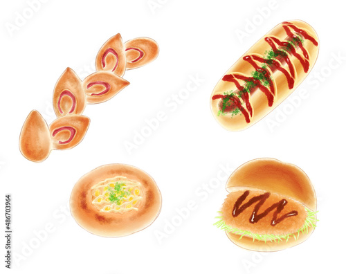 Side dish bread drawn with digital watercolor(Bacon epi＆ Croquette bread＆ Sausage bread＆ Tuna and corn bread )