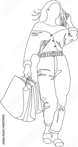 Contour image of a girl walking with packages from the store