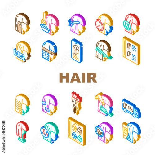 Hair Salon Hairstyle Service Icons Set Vector. Hair Painting And Cutting, Straightening Braiding, Balancing Ph Of Scalp Departure Of Specialist . Thermo Wrap Curler Isometric Sign Color Illustrations