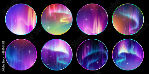 Obraz na plátně 3d render, collection of assorted round stickers with colorful aurora borealis on night starry sky