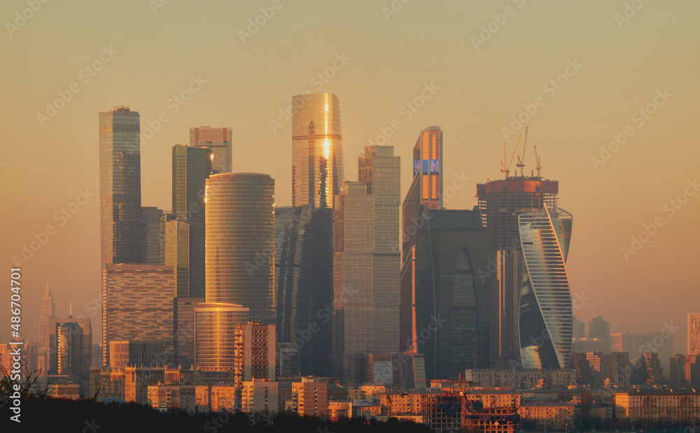 Moscow, Russia - View of Moscow City from Sparrow Hills during the golden hour.