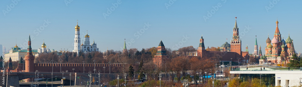  Moscow, Russia - panorama of the Moscow Kremlin and St Basils Cathedral from Zaryadye Park.