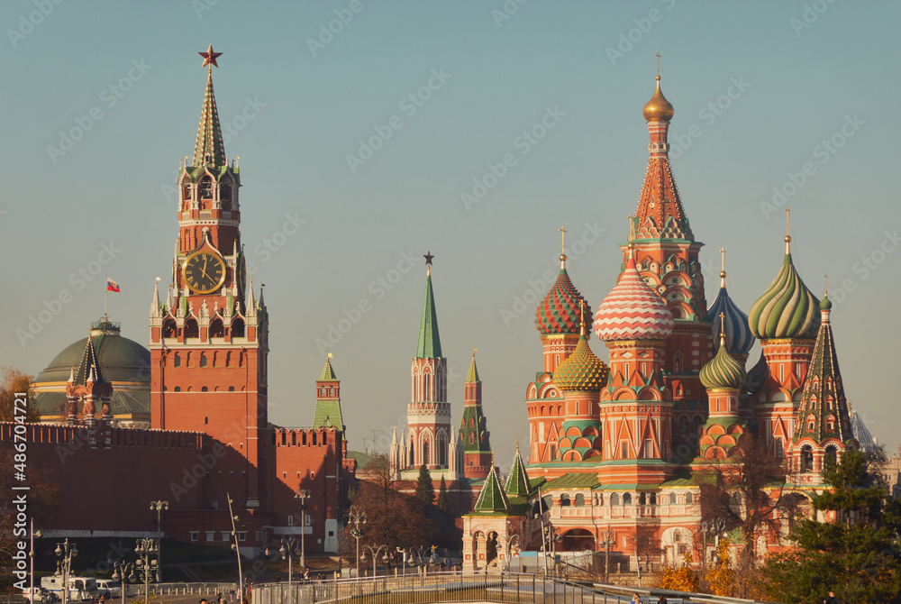 Moscow, Russia -  St Basils Cathedral and the Moscow Kremlin.