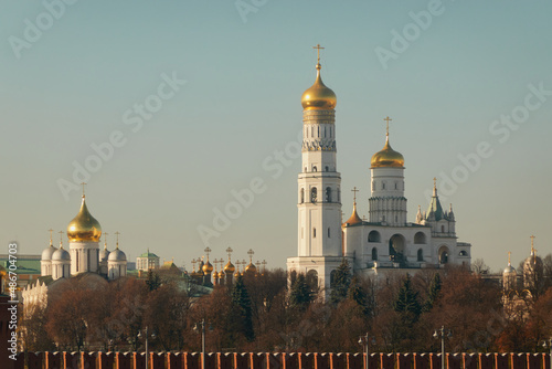 Moscow, Russia - View of the Assumption Cathedral, the Verkhospassky Cathedral and the Cathedral of the Annunciation from Zaryadye Park.
