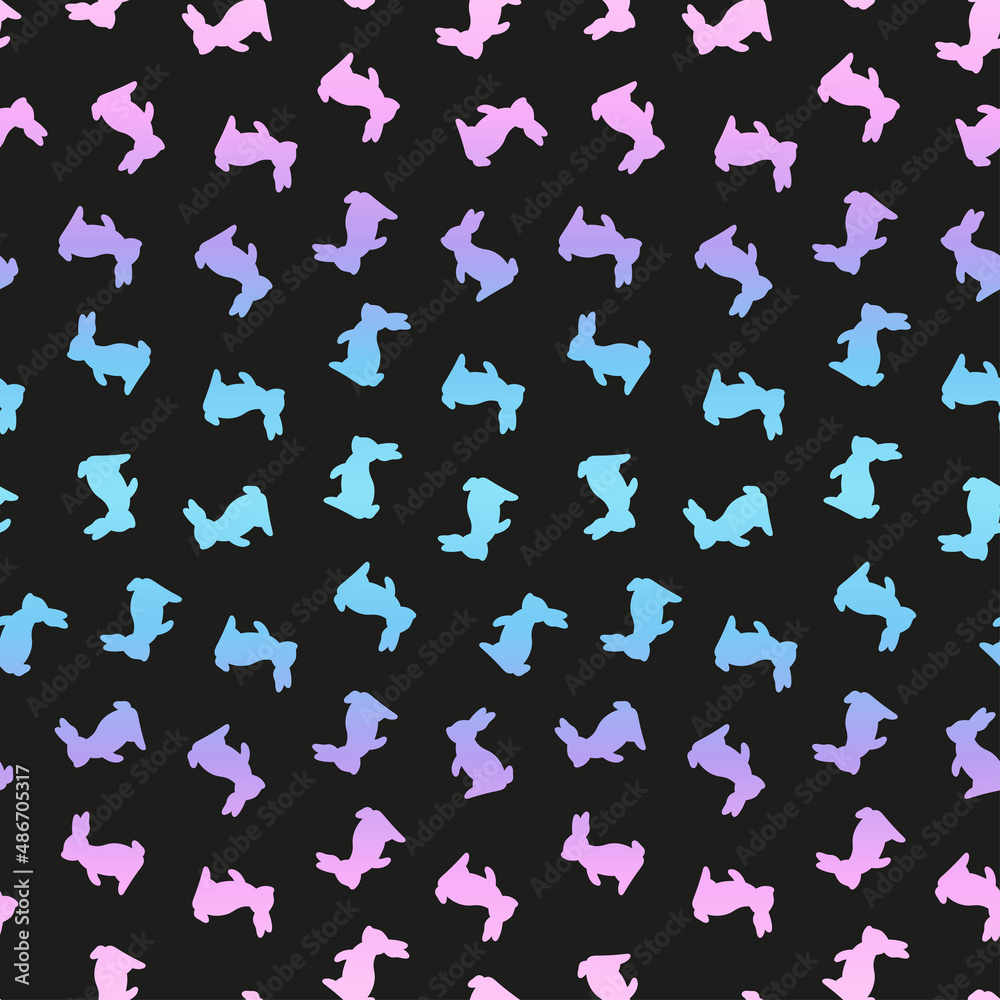 Black seamless pattern with colorful rabbits