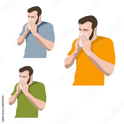 Sick man guy sneezes snot in handkerchief flat realistic to the waist