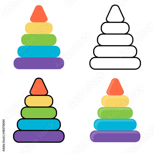 children's toy multicolored pyramid of rings, coloring book drawing, children's book illustration, flat graphics black outline