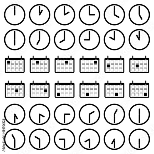 36 different calendar and clock icons, black symbols for time, date or deadline, isolated on white background