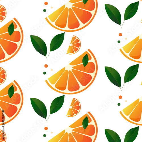 Seamless pattern with oranges and leaves. Orange sliced pattern on white background.